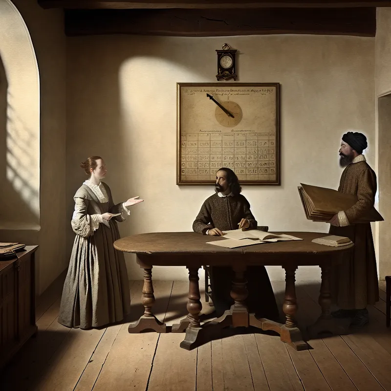 Drie professionals in ouderwetse kleding zitten aan een houten vergadertafel en bespreken een afspraak, omringd door zachte, diffuse belichting.