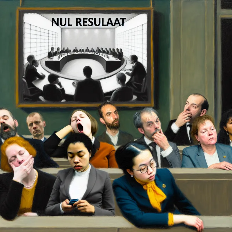 Een groep professionals in een conference room toont verveling tegenover een oninteressante presentatie met de tekst 'nul resultaat'.