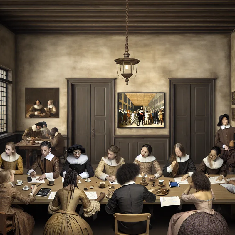 Professionals samenwerken aan een project aan een grote houten tafel, met elegante details in 17e-eeuwse stijl