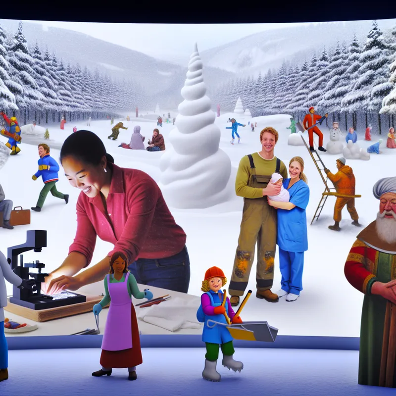 Een levendige winterse scène van verschillende professionals die samen werken in een sneeuwlandschap, waaronder een technicus, zorgverlener, bouwvakker en kunstenaar.