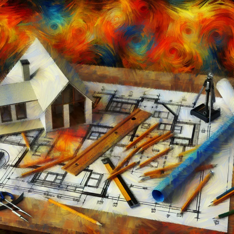 Abstract expressionistisch ontwerp van een modern huis blauwdruk met precisiegereedschap op houten tafel, vakkundig en gedetailleerd uitgewerkt
