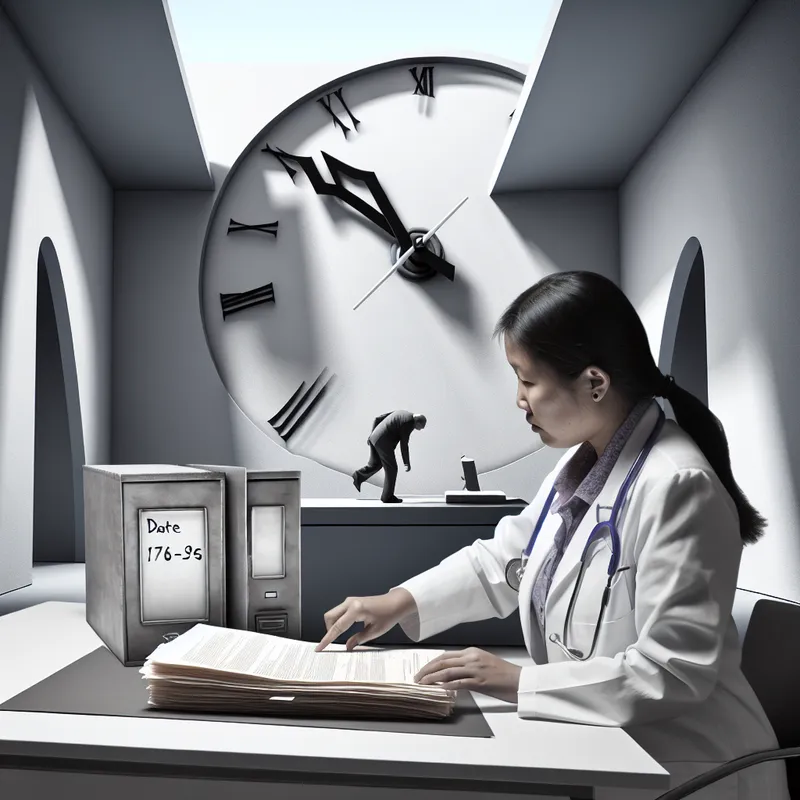 Een arts in een minimalistisch kantoor bekijkt een patiëntenbestand op een strak bureau, met een opvallende geboortedatum.