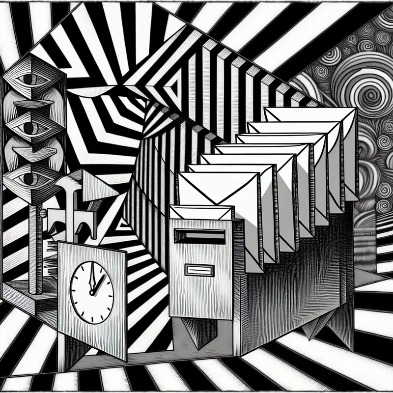 Surrealistische afbeelding van een professionele brief die wordt verzonden, met een geometrische mailbox in een Escher-achtige omgeving.