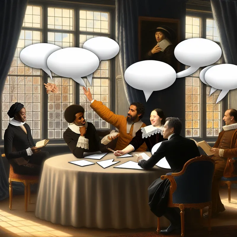 Vergaderzaal met diverse professionals die actief discussiëren en ideeën uitwisselen met tekstballonnen.