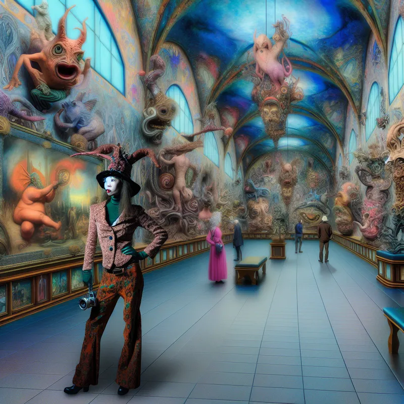 Professionele kunstenaar in surrealistische museumomgeving met bizarre sculpturen en levendige schilderijen