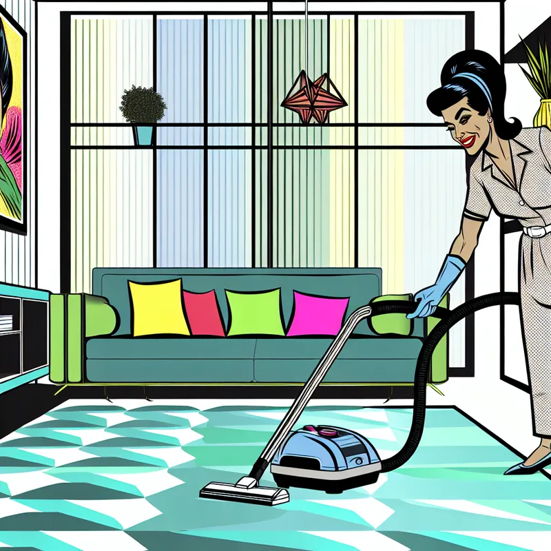 Professionele schoonmaakster in een modern retro-futuristisch woonkamer tijdens een intensieve schoonmaakbeurt.