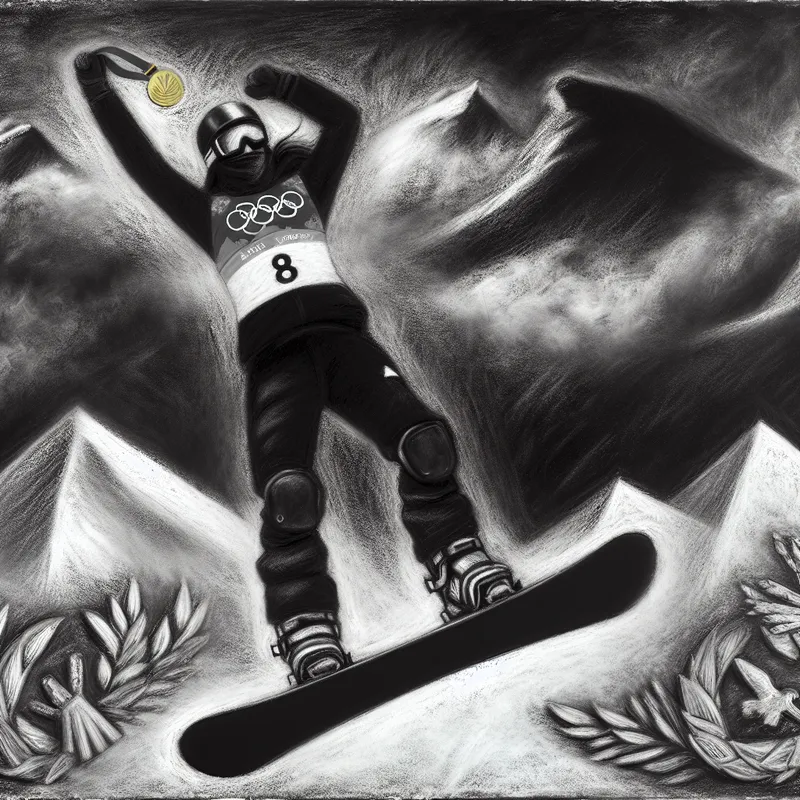 Triomfantelijke snowboarder met gouden medaille op Olympisch podium, dynamische sprong in donkere, symbolische scène met besneeuwde bergen en dramatische lucht