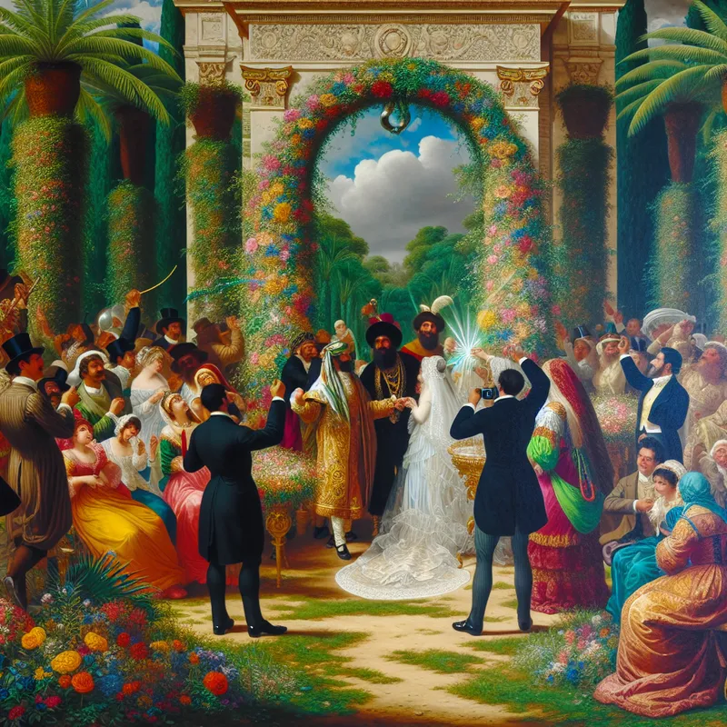 Een professionele trouwfotograaf legt een gelukkige bruiloft vast met gasten en een prachtige buitensetting.