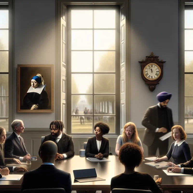 Diverse professionals aan een formele vergadertafel, in gesprek met laptops en documenten.