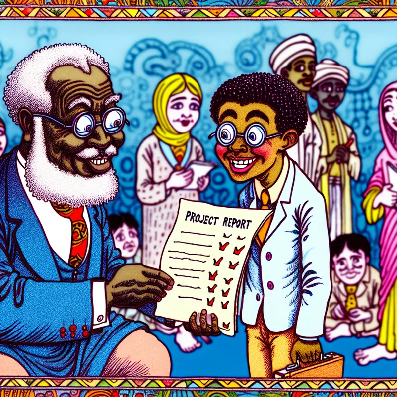 Een cartoonachtige scène waarin een professor een rapport van een student ontvangt in een diverse klasomgeving.