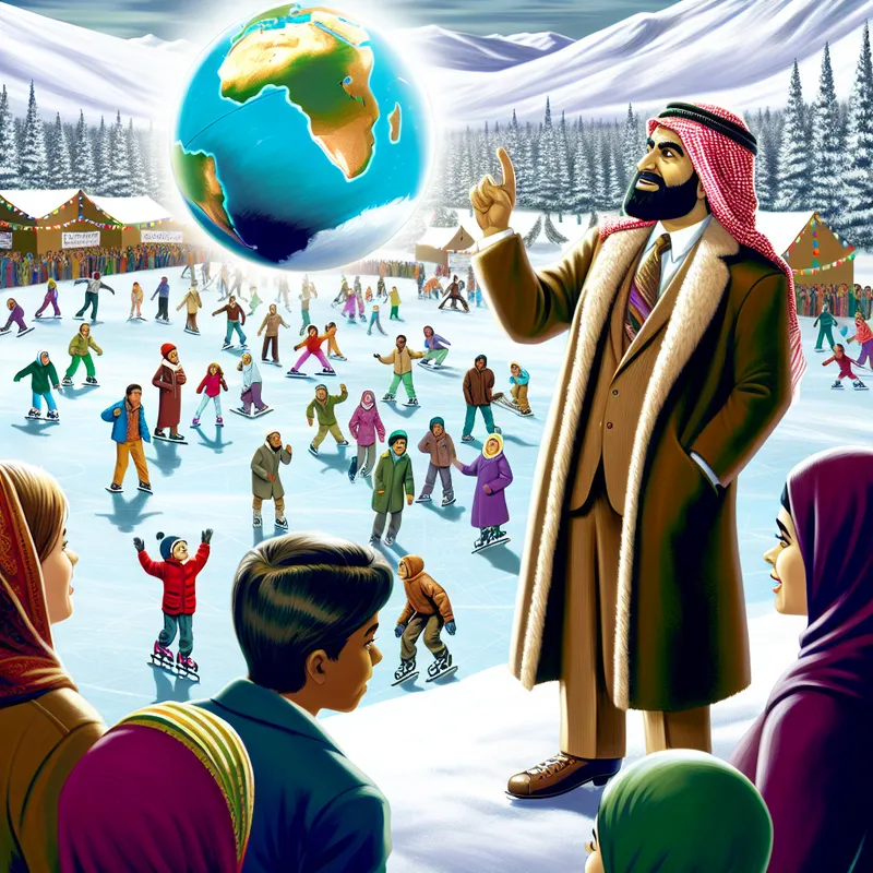 Een professor staat op een heuveltop en wijst naar een kleurrijke wereldbol, terwijl studenten nieuwsgierig naar hem luisteren in een levendig winterlandschap.