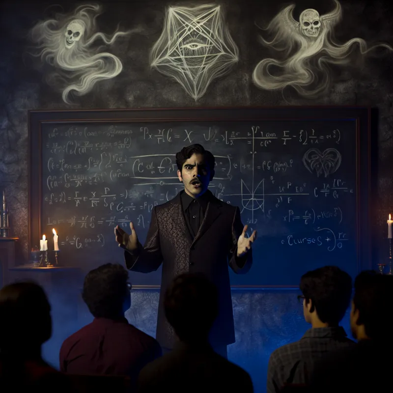 Een professor voor een zwart bord vol complexe formules en religieuze symbolen, met studenten die aandachtig luisteren in een sfeervolle, donkere ruimte.