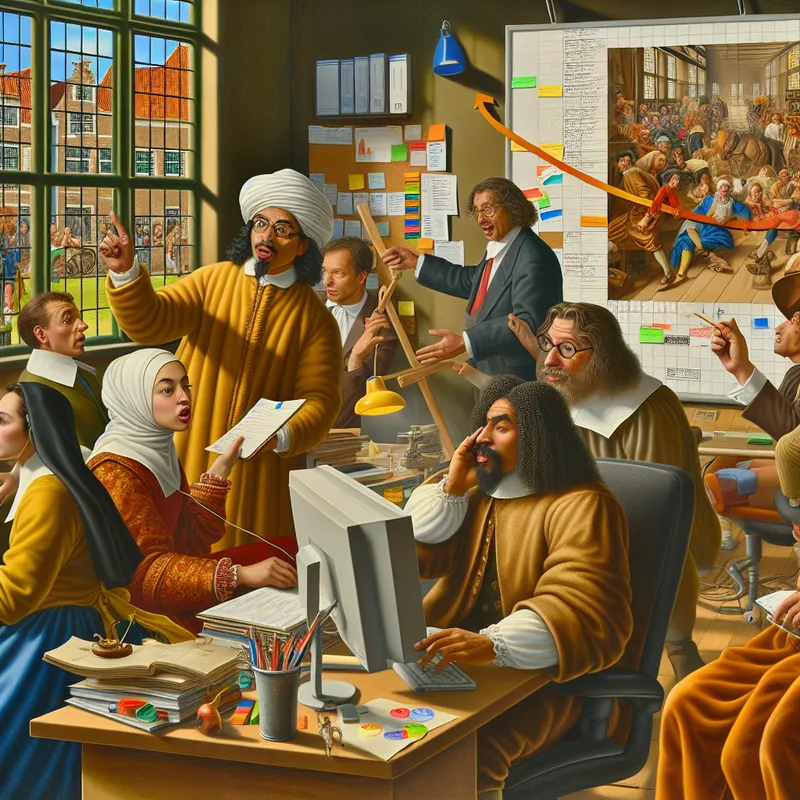 Een drukke projectmanagementomgeving met teamleden die enthousiast werken aan verschillende taken en een grote whiteboard vol notities.