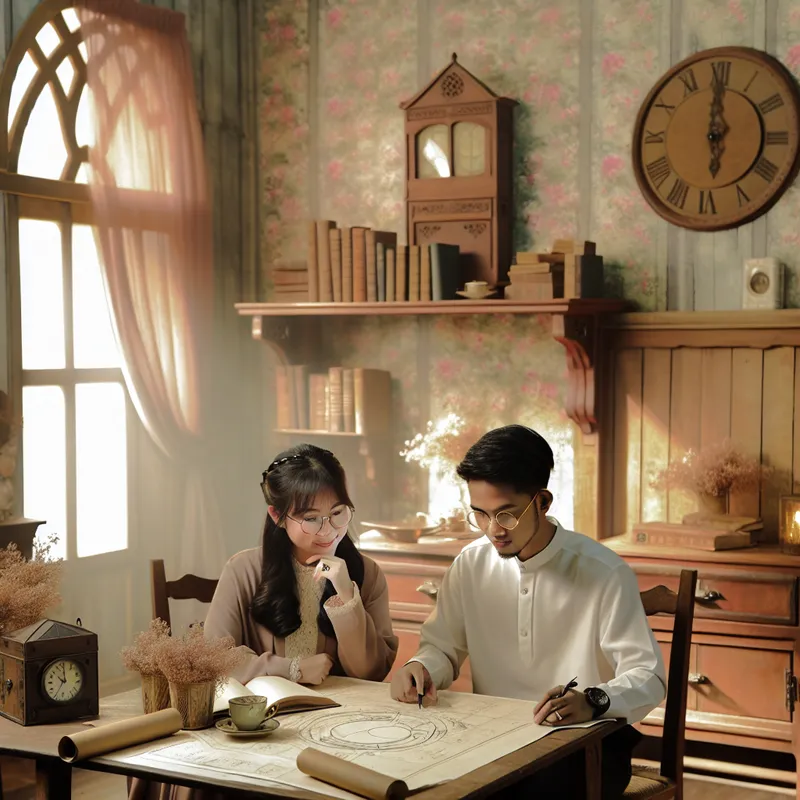 Twee mensen aan een houten tafel in een vintage kamer, bezig met projectplanning