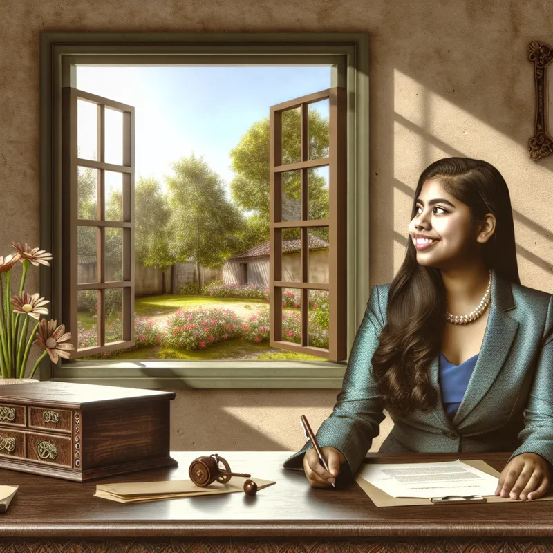 Jonge vrouw die blij is na een promotie in een serene kantooromgeving, met een prachtig houten bureau en een boeket verse bloemen.