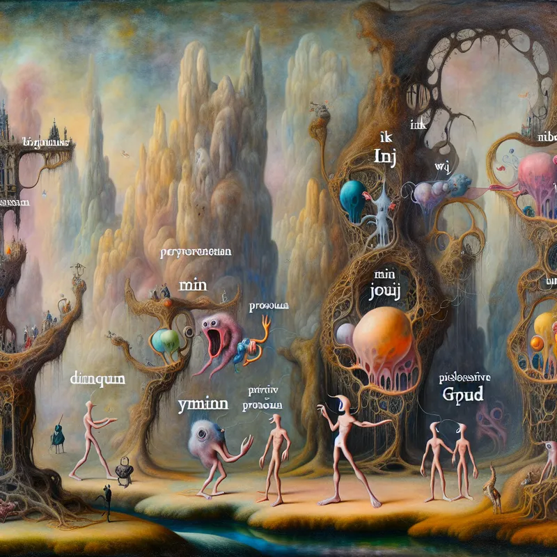 Surrealistische afbeelding van fantasieachtige wezens die pronomen vertegenwoordigen in een andere wereldse omgeving.