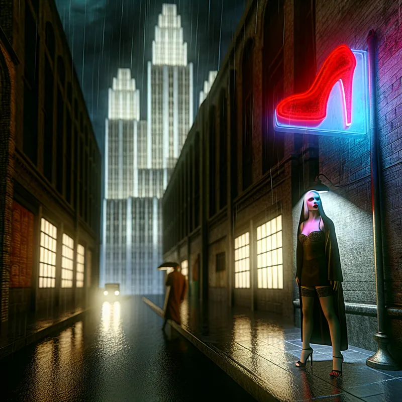 Vrouw in regenachtig steegje onder neon schoenreclame, symboliserend negatieve connotatie van zich prostitueren