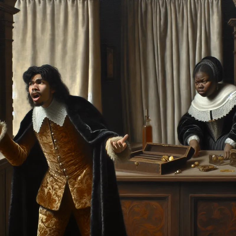 17e-eeuwse Nederlandse scène van een boze klant die protesteert tegen een winkelier in een rijk gedecoreerde winkel, met expressieve gezichten en luxe stoffen