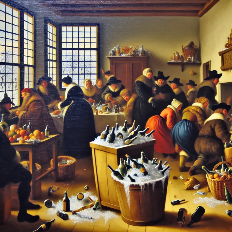 Een gezellige kamer in de winter met een overvolle prullenbak en mensen die feestelijke activiteiten ondernemen.