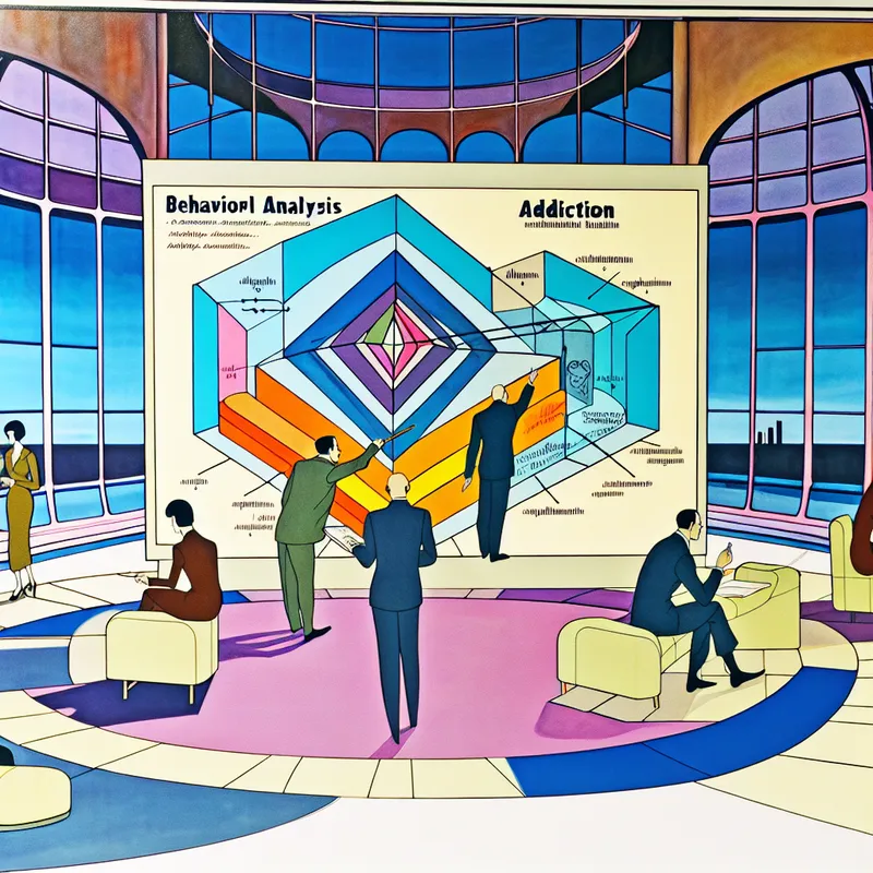 Diverse groep psychologen in een workshop over gedragsanalyse, met een groot geometrisch diagram dat menselijke gedragingen toont.