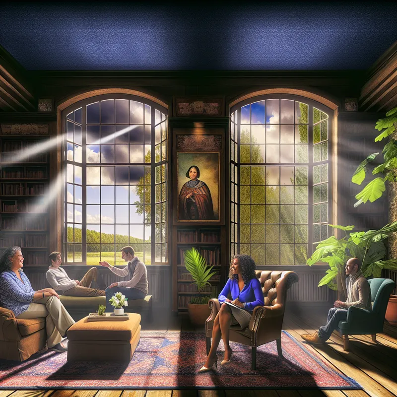 Een psycholoog in een lichte kamer praat met een diverse groep cliënten.