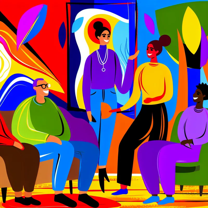 Psycholoog in een kleurrijke therapiekamer, luisterend naar een diverse groep cliënten