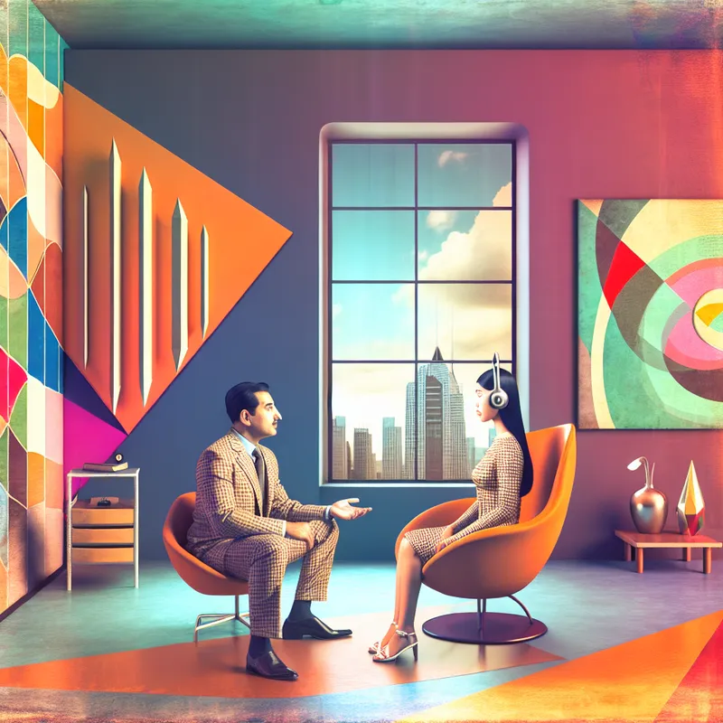 Illustratie van een psycholoog die aandachtig luistert naar een patiënt in een modern retro-futuristisch kantoor.