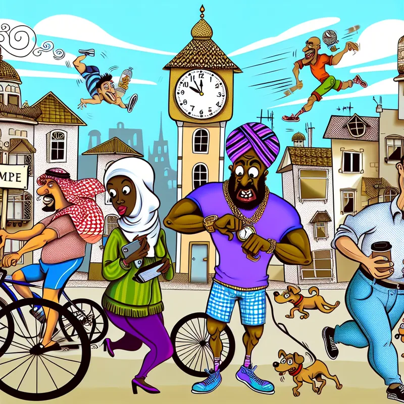 Een kleurrijke cartoon van een drukke stad met mensen die op tijd aankomen voor een sociale bijeenkomst, waaronder een fietser, een jogger en iemand die kalm wandelt met koffie.