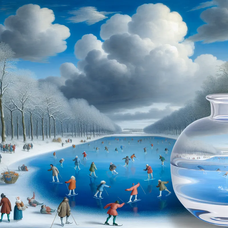 Winterlandschap met schaatsers op een bevroren meer omgeven door sneeuwbedekte bomen