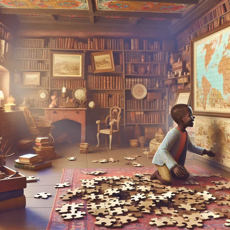 Een kind zoekt naar het ontbrekende stuk van een gedetailleerde puzzel in een vintage kamer vol boeken en curiositeiten.