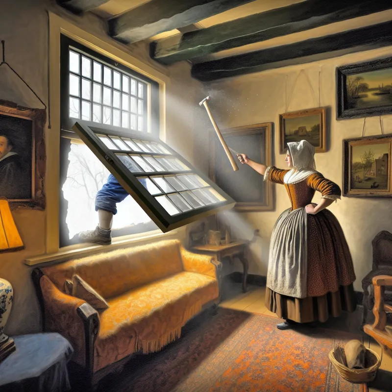 Een vrouw in een gezellige woonkamer houdt toezicht op de installatie van een nieuw raam terwijl het oude raam wordt verwijderd.