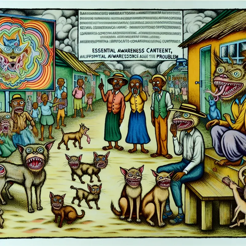 Cartoonachtige scène van een levendig dorp met huisdieren die tekenen van rabiës vertonen, zoals schuimende mond en wilde uitdrukkingen, terwijl dorpelingen bezorgd over de situatie praten.