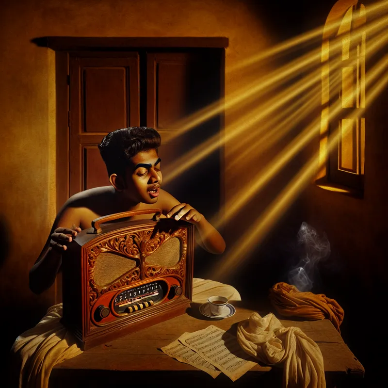 Jong persoon stemt een oude radio af in een sfeervol verlichte kamer