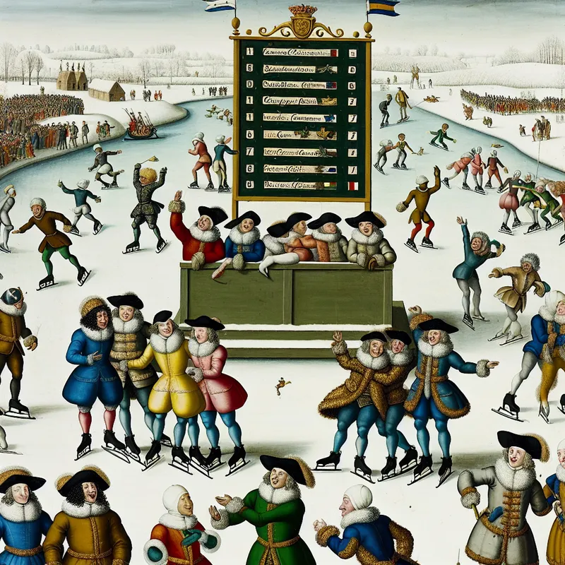 Leiderbord met rangorde tijdens een levendige schaatswedstrijd op een bevroren kanaal in winterse sfeer, met team op de eerste positie die viert