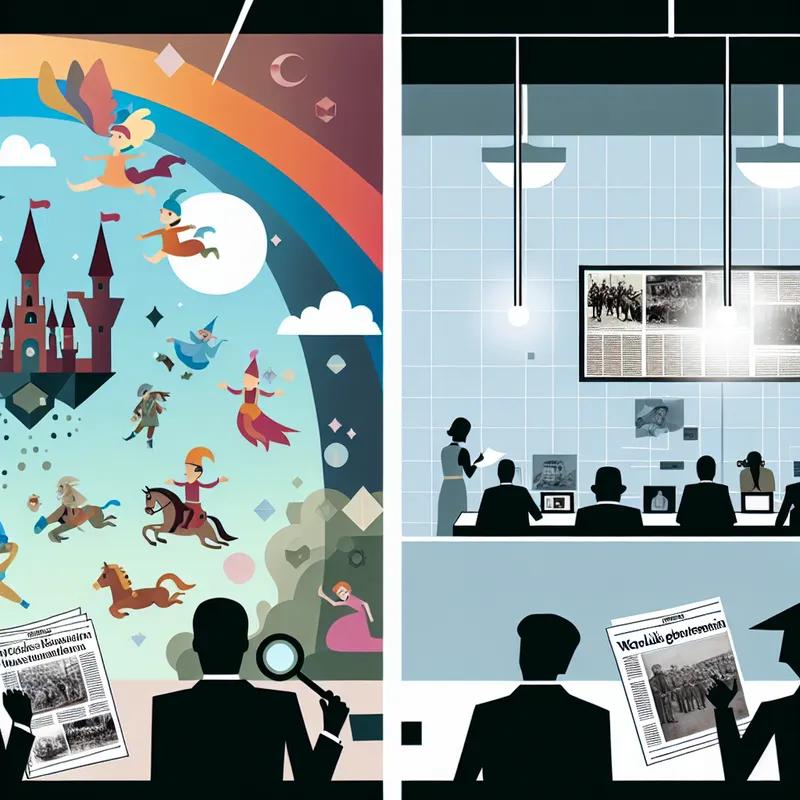 Illustratie van een gespleten scène met links een fantasiewereld met zwevende kastelen en mythische wezens, en rechts een realistische nieuwsredactie met journalisten die feiten onderzoeken onder fel licht