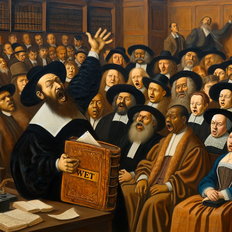 Een levendige rechtbankscène met een gepassioneerde advocaat die verwijst naar een groot boek getiteld 'Wet' terwijl diverse toeschouwers hun reacties tonen.