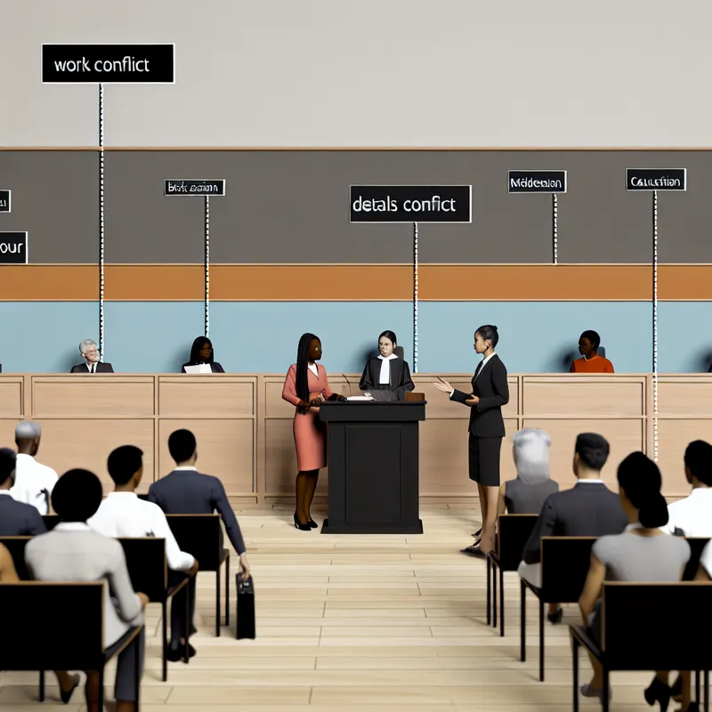 Illustratie van een rechtszaal met een advocaat die een arbeidsconflict presenteert