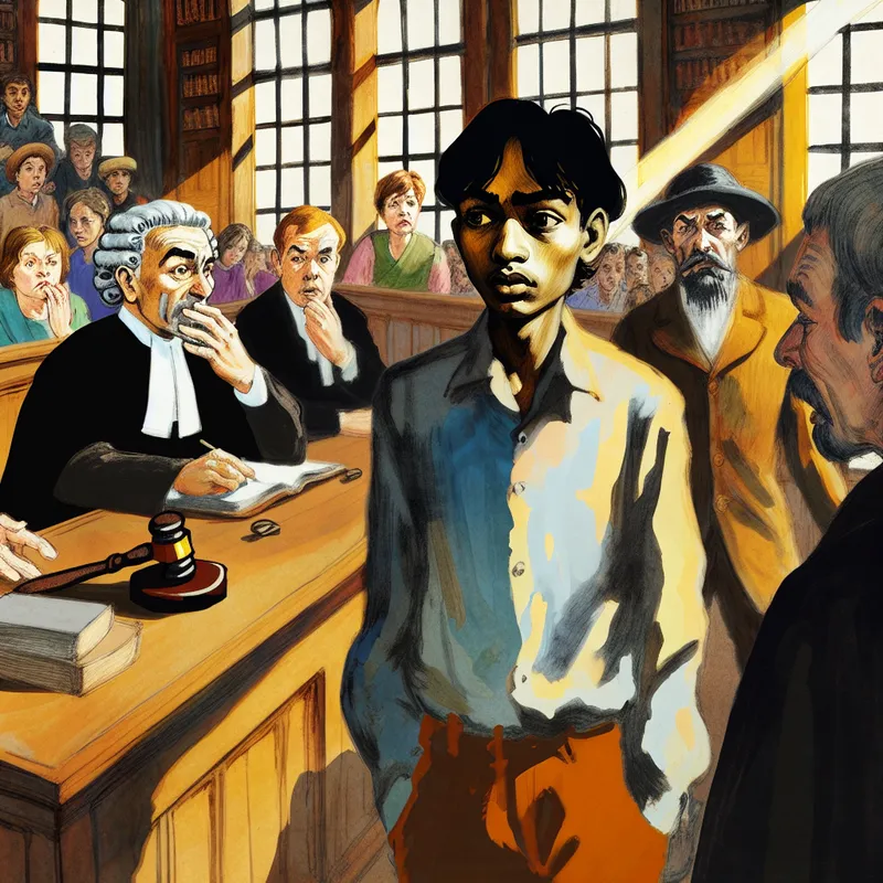 Jonge man staat in de rechtbank, met een spijtige blik terwijl hij terechtstaat voor diefstal.