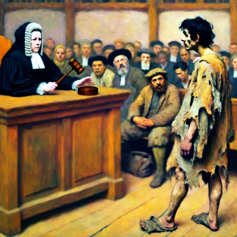 Een rechtbankscène met een strenge rechter achter een grote houten bank, die een jonge man aankijkt terwijl hij een hamer vasthoudt.