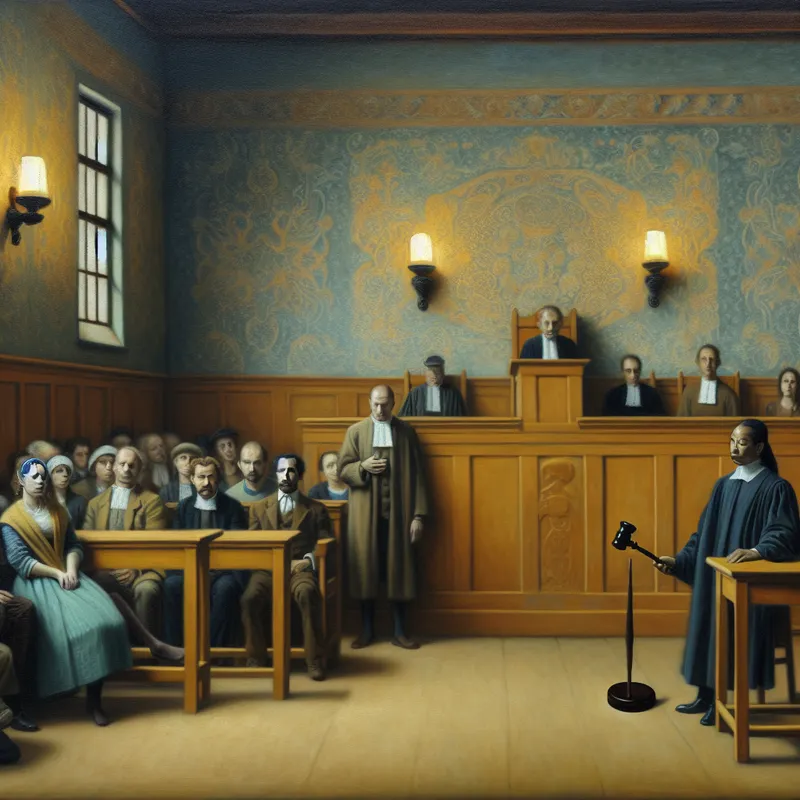 Een rechter velt een oordeel in een serene rechtszaal, omgeven door een gespannen publiek en rijk gedecoreerde muren.