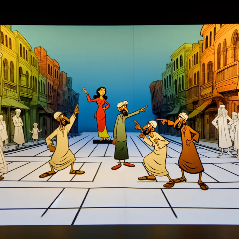 Cartoonachtige straatscene met expressieve personages die de rechterkant aanwijzen bij een kruispunt, richtingaanduiding in Nederlands leren