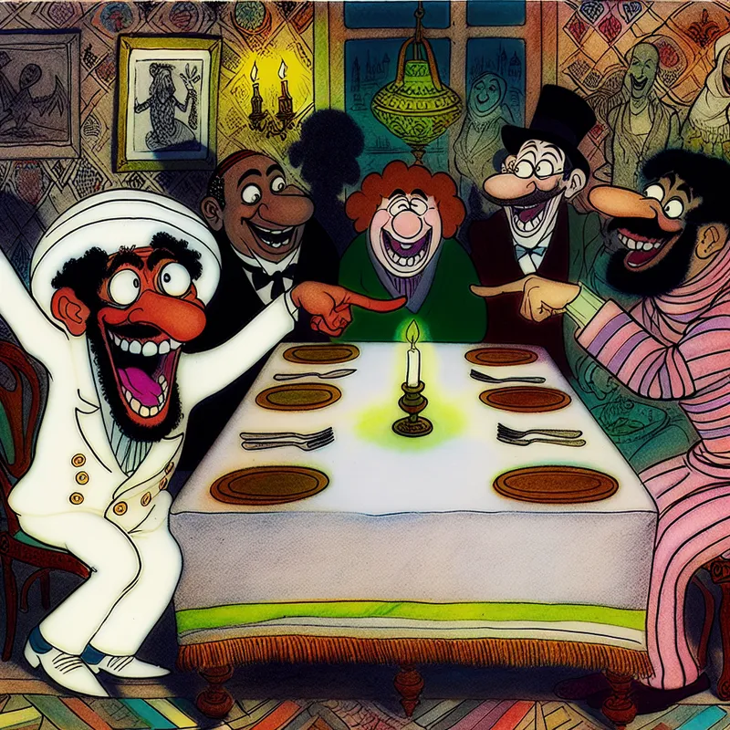 Cartoonachtige scène van een gezellig diner met levendige personages, waarbij één persoon enthousiast naar de rechterkant van de tafel wijst om zijn positie aan te geven