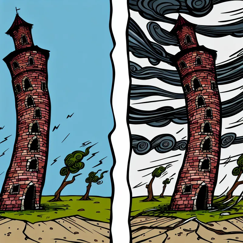 Karikaturale middeleeuwse toren die rechtop blijft staan tijdens een hevige storm, met verbaasde gezichten achter de ramen