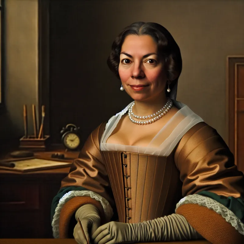 Vrouw in 17e-eeuws Nederlands kostuum die rechtstreeks en zelfverzekerd naar de kijker kijkt in een professionele omgeving, symbool voor een directe relatie zonder tussenpersonen