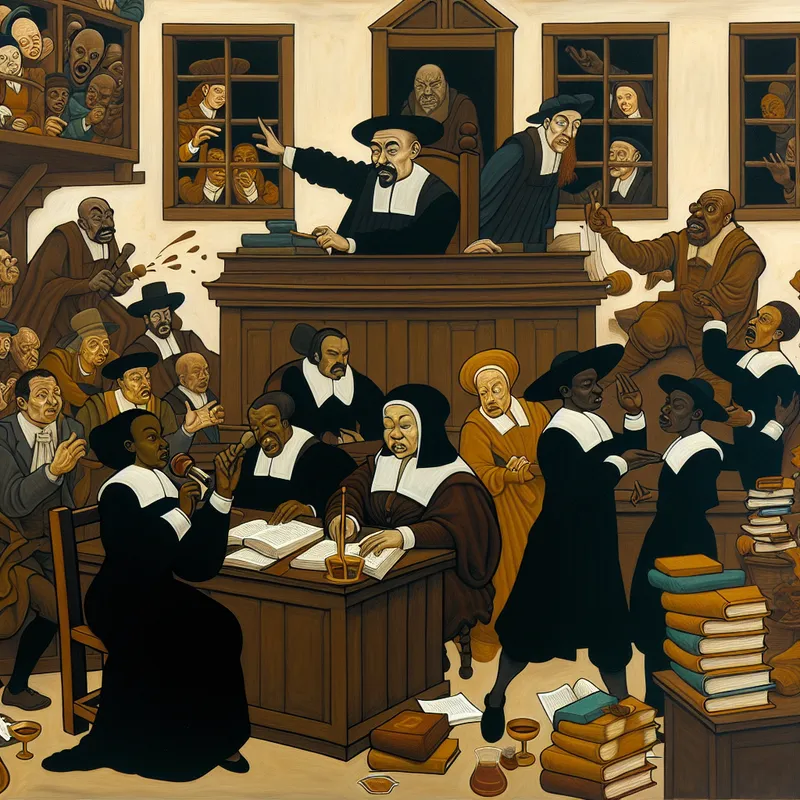 Druk en gedetailleerd gerechtshof tafereel in de stijl van Jan Steen, met een advocaat, rechter, beklaagde en toeschouwers tijdens een rechtszaak