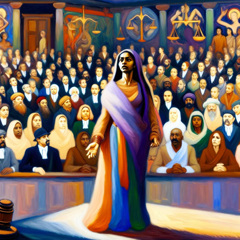 Levendige rechtszaal scene met een diverse groep mensen die aandachtig kijkt naar een zelfverzekerde spreker voor de rechter.