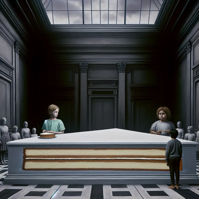 Twee kinderen aan een grote tafel met een taart, waarbij één kind een veel groter stuk taart vasthoudt dan het andere, symboliserend ongelijkheid en rechtvaardigheid in de stijl van Carel Willink