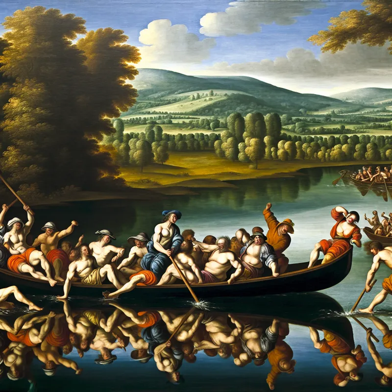 Barokke voorstelling van vrienden die genieten van recreatievaart op een rustig meer met levendige kleuren en dynamische bewegingen