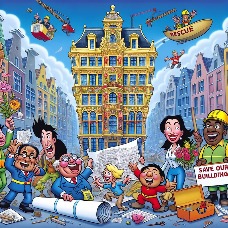 Een cartoonafbeelding van diverse mensen die samenwerken om een oud gebouw te redden van sloop.