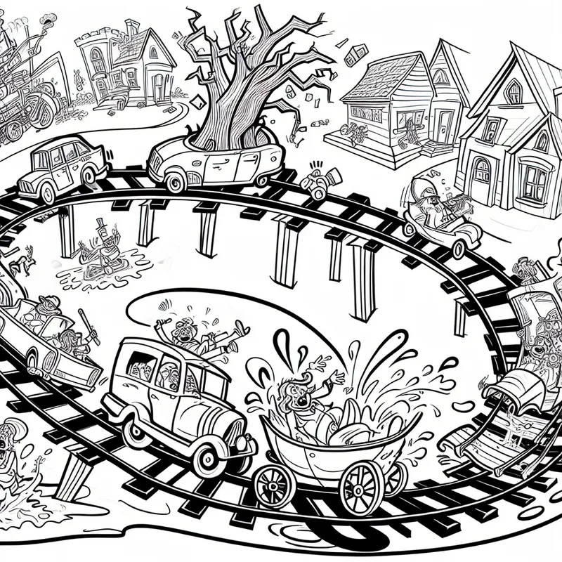 Cartoonachtige trein van rampen die een reeks van vergelijkbare gebeurtenissen illustreert, in de stijl van Marten Toonder